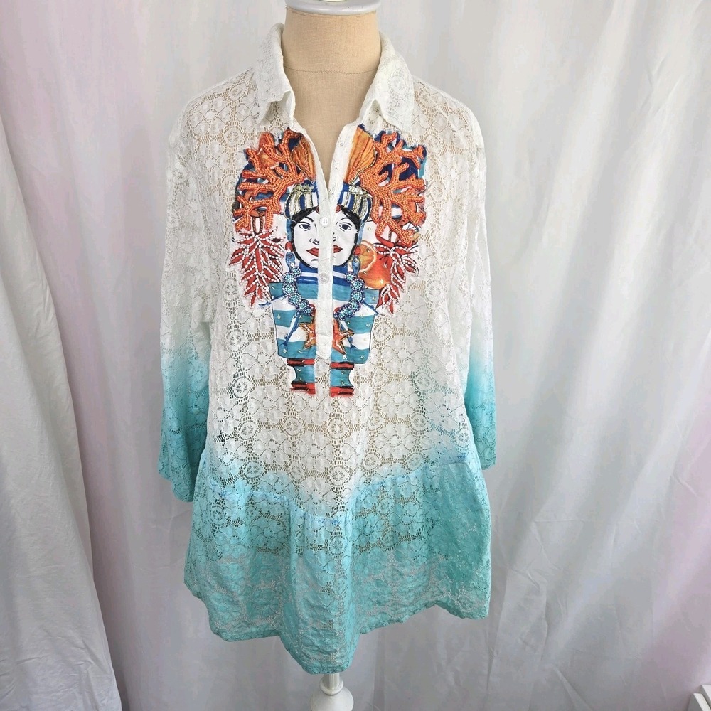 Antica Sartoria By Giacomo Cinque Ombre Lace Tunic Blouse Size XL‎ Beaded Italy